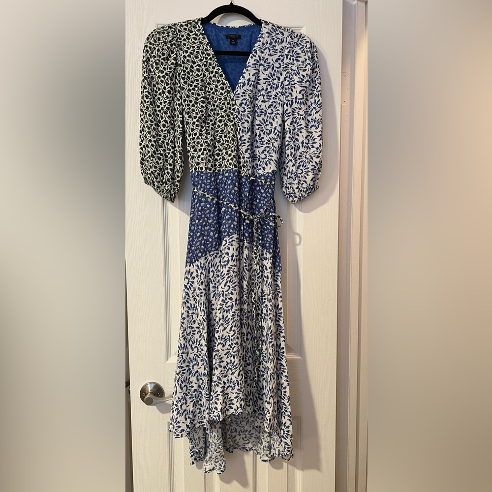 Ann Taylor Green and Blue Patterned 3/4 Sleeve high-low Dress